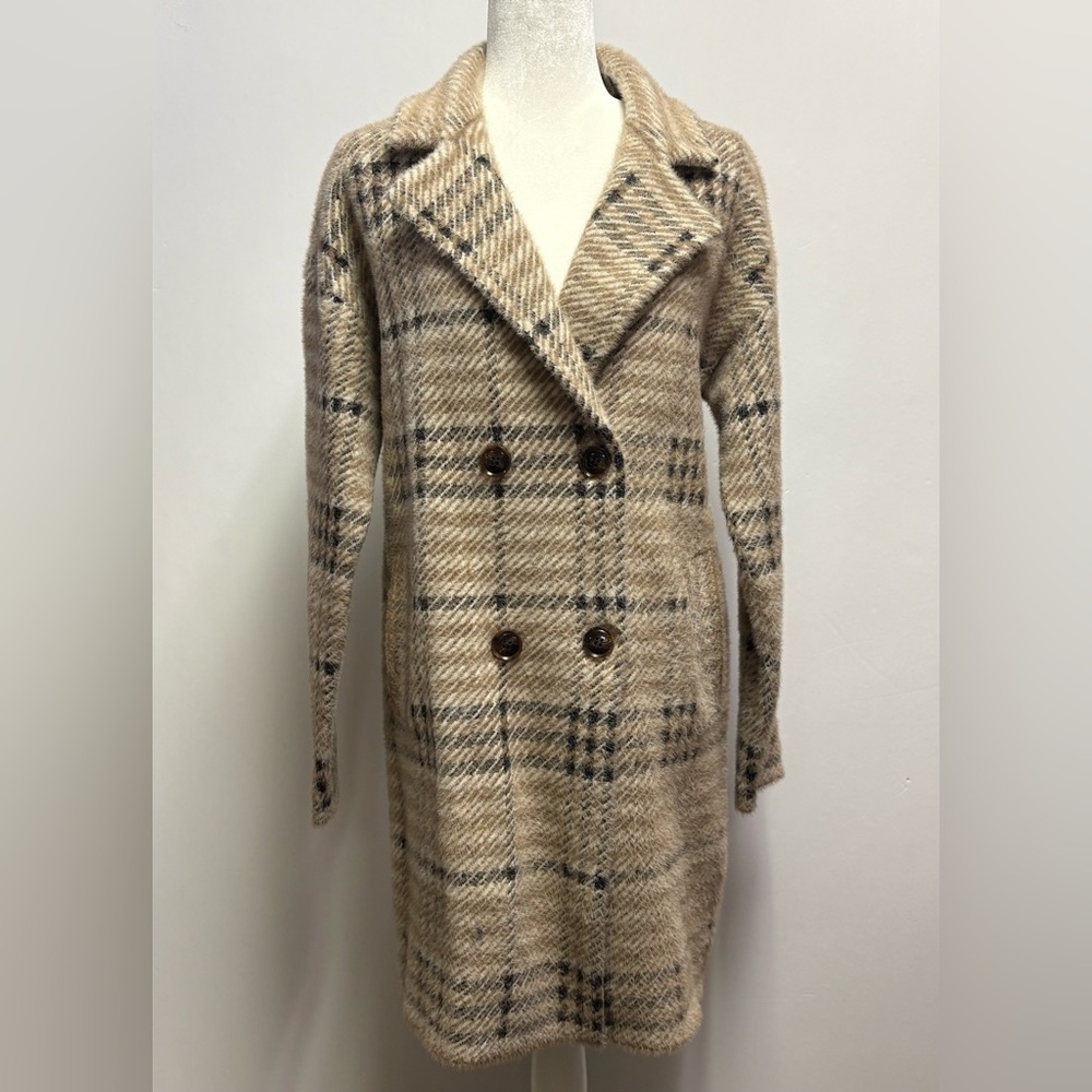 NVLT Women's Beige and Black Plaid Pea Coat
